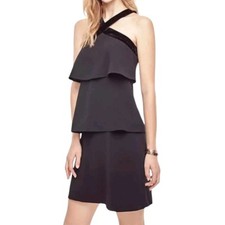 Ann Taylor Black Velvet Trim Tiered Cross Neck Party Dress Size 12 NWT $150 MSRP