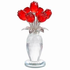 Crystal Red Rose Flower Figurine with Vase, Handmade Romantic Rose Gifts