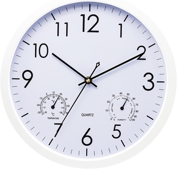 Wanduhr Quarz 30Cm Weiß Ohne Ticken Mit Thermometer Hygrometer Kinder-image