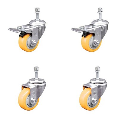3 Inch Yellow Polyurethane Swivel 10mm Stem Caster Set 2 Total Lock Brake SCC