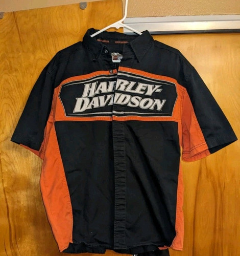 Harley Davidson Herren L Button Up Mechaniker Hemd Orange Schwarz Bestickte Patches - Bild 1 von 3