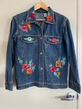 VTG Denim Jean Jacket Embroidered Small Blue Floral Beaded Boho LS India