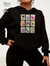 HOT-Black Floral Print Hoodie Autumn Winter Casual