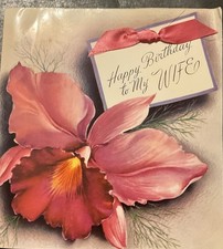 Vtg Birthday Greeting Card Beautiful Single Orchid Real Ribbon Bow HB To My Wife