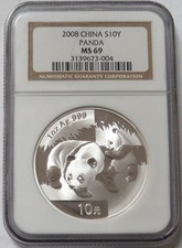 2008 SILVER CHINA 10 YUAN PANDA 1 OZ COIN NGC MINT STATE 69