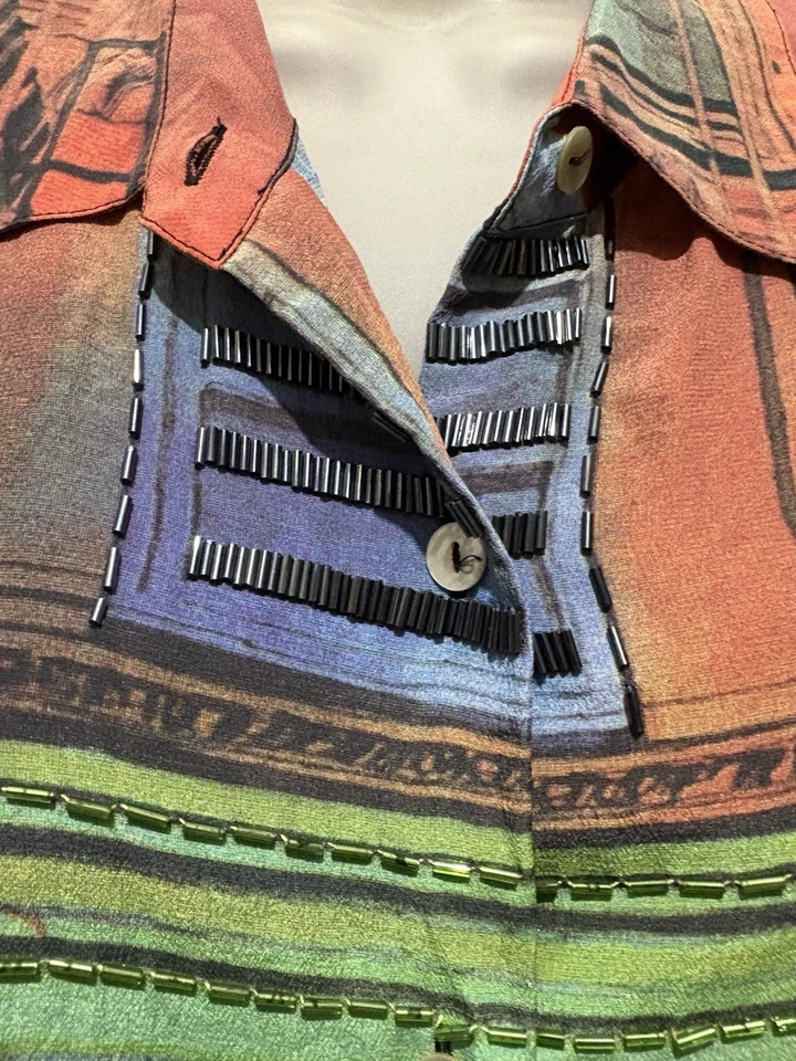 Nicole TAYLOR, винтажный 100% шелк пекарня городской пейзаж бисером блузка SZ M - Изображение 4 из 4