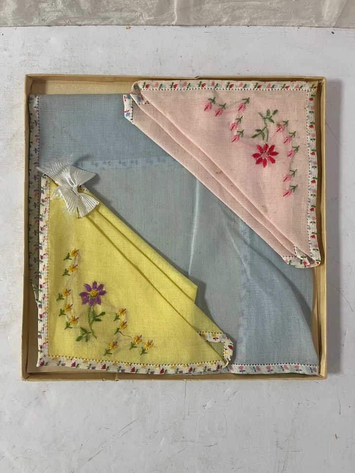 Set of 3 Hankies: Yellow Pink Blue Embroidered in Box - Image 2 of 4