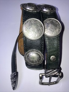 VTG CIRCLE Y + Al Beres Beaded Leather Western Belt Sz 28 Black Silver Multi Circle Y Tribal Beaded Inlay Belt 2010-BT main image 4