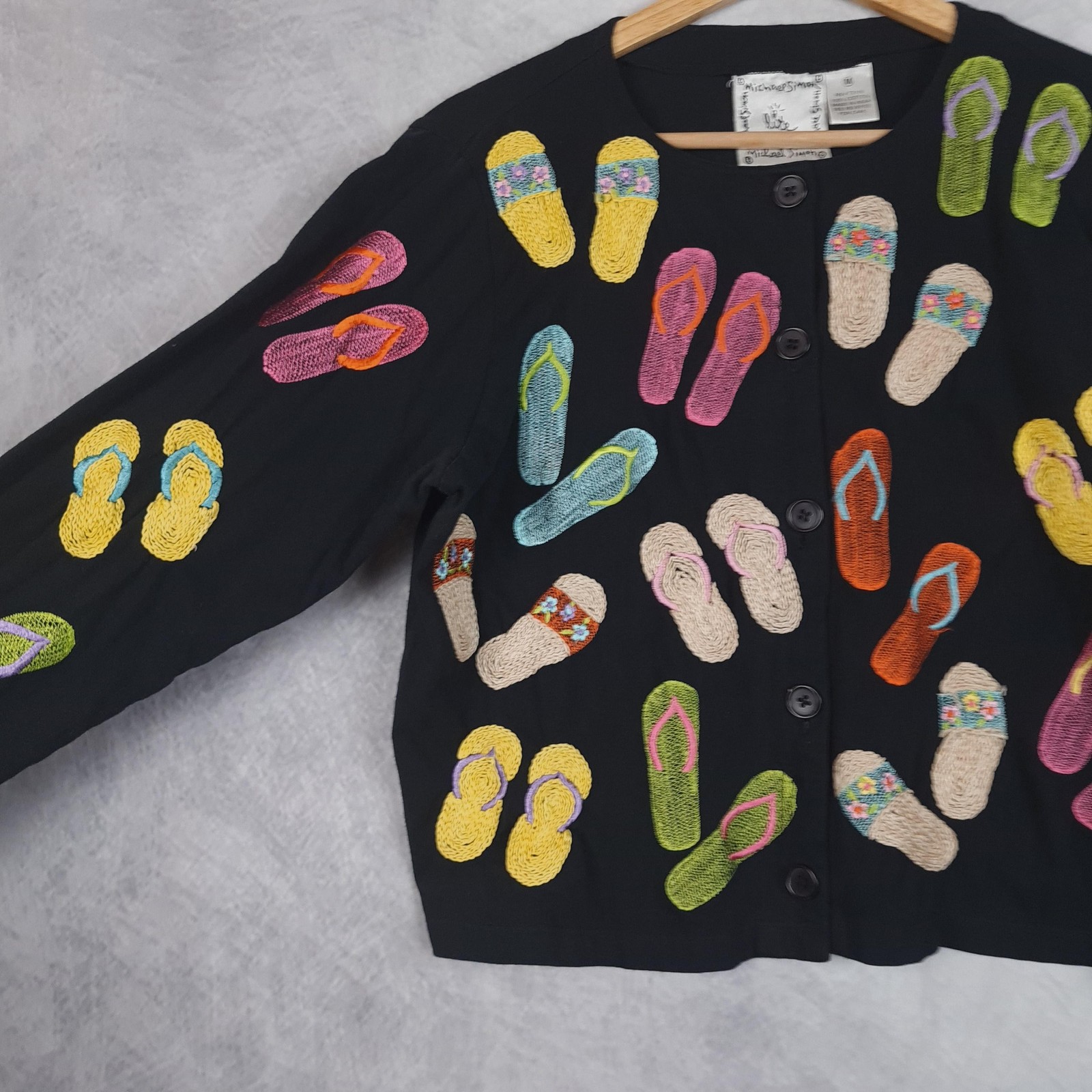 Michael Simon Lite Cardigan Womens Medium Black Flip Flop Embroidered Cotton