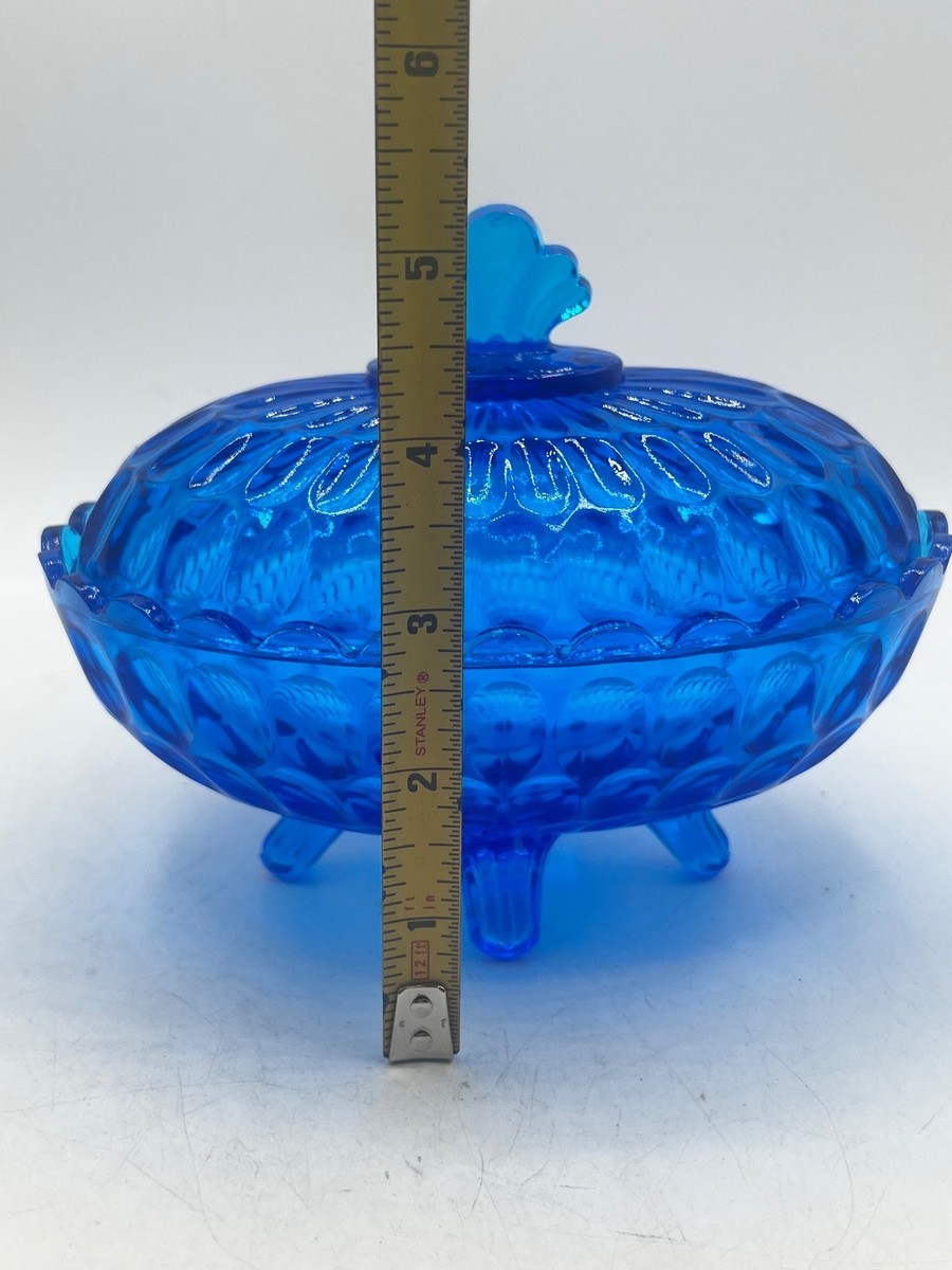 1940年代 Fentonフェントン フタ付きキャンディディッシュ Vintage Fenton Colonial Blue Thumbprint Glass Candy Dish 4 footed