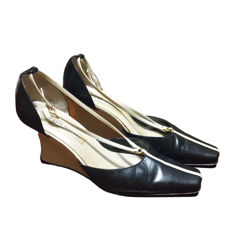 Tacones para mujer Ann Marino 8,5 M cuero negro 3" cuña hebilla con tiras Foto 3 de 4