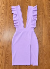 NWT PrettyLittleThing Lilac Ruffle Plunge Bodycon Mini Dress Womens Size 4
