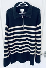 H&M Striped Zip Neck Jumper Size M Black Cream Ribbed Knit Oversized Sweater