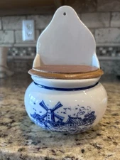 Vtg Delft Windmill Salt Cellar With Wooden Lid