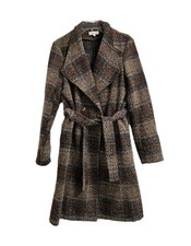 Solitaire Plaid Long Trench Overcoat Women  s Large Button Up Belted Pockets EUC