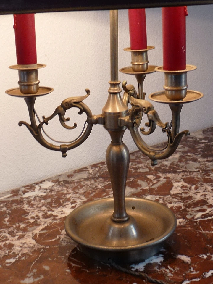 Rare ANCIENNE LAMPE BOUILLOTTE à 3 FEUX en étain abat-jour tôle - Photo 2/4