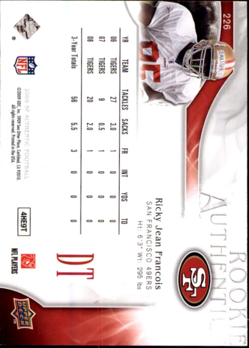 A1642- 2009 SP Authentic #226 Ricky Jean-Francois RC /999 SAMPLE PIC - Image 2 of 2