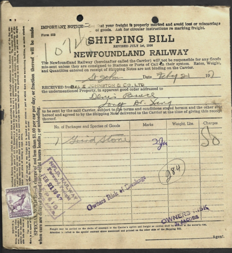 5 1946-1947 Nowa Fundlandia rachunki za wysyłkę kolejową ze znaczkami do społeczności outportowej - Zdjęcie 1 z 6