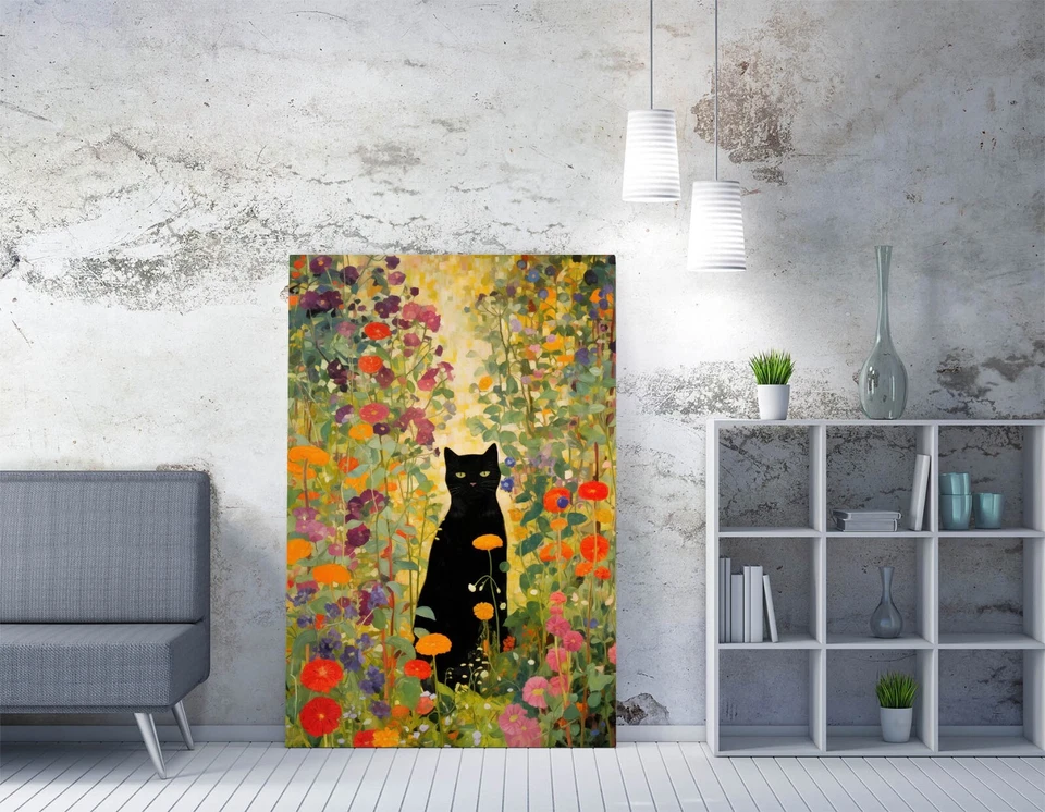 GUSTAV KLIMT BLACK CAT IN FLORAL GARDEN -DEEP FRAMED CANVAS WALL ART PRINT - Image 2 of 2