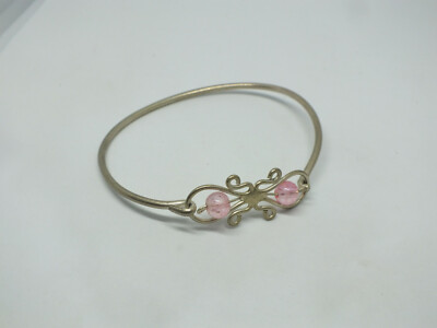 Beautiful Clasp Bracelet Silver Tone Pink Beads 1/2'' Wide x 2 3/8'' Acros ID