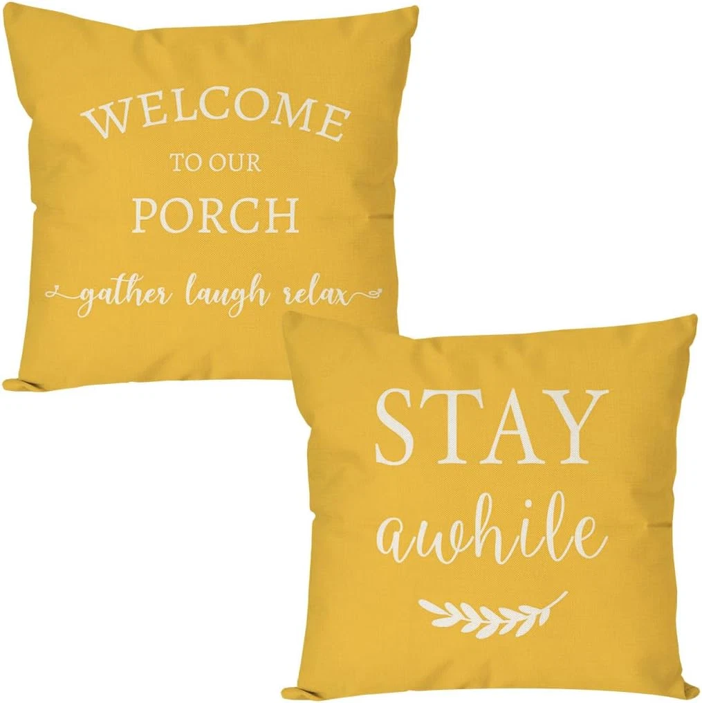 Welcome to Our Porch Stay Awhile Farmhouse Decorative Throw Pillow Covers 18X18
