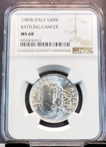 1989 ITALY SILVER 500 LIRE BATTLING CANCER NGC MS 68 BEAUTIFUL GEM TOP POP 1