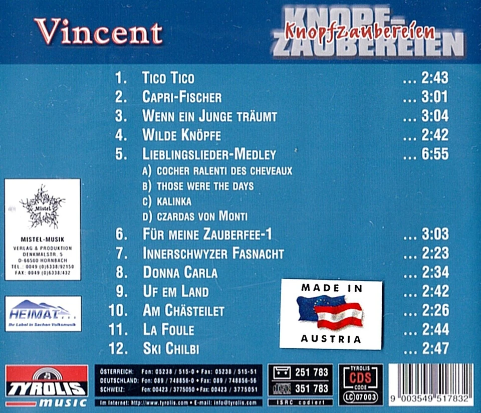 VINCENT Knopfzaubereien NEW CD Swiss Button Box Music SWITZERLAND Instrumental  Foto 2 de 2