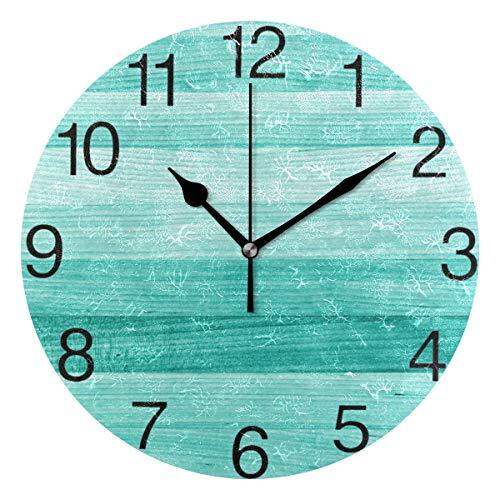 Teal Turquoise Green Wood Round Wall Clock, Silent Non Ticking Oil Painting - Picture 2 of 6