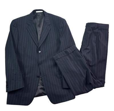 Joseph Abboud 42R 36x32 Navy Blue Stripe 2pc Pant Suit Flannel Wool USA Pleated
