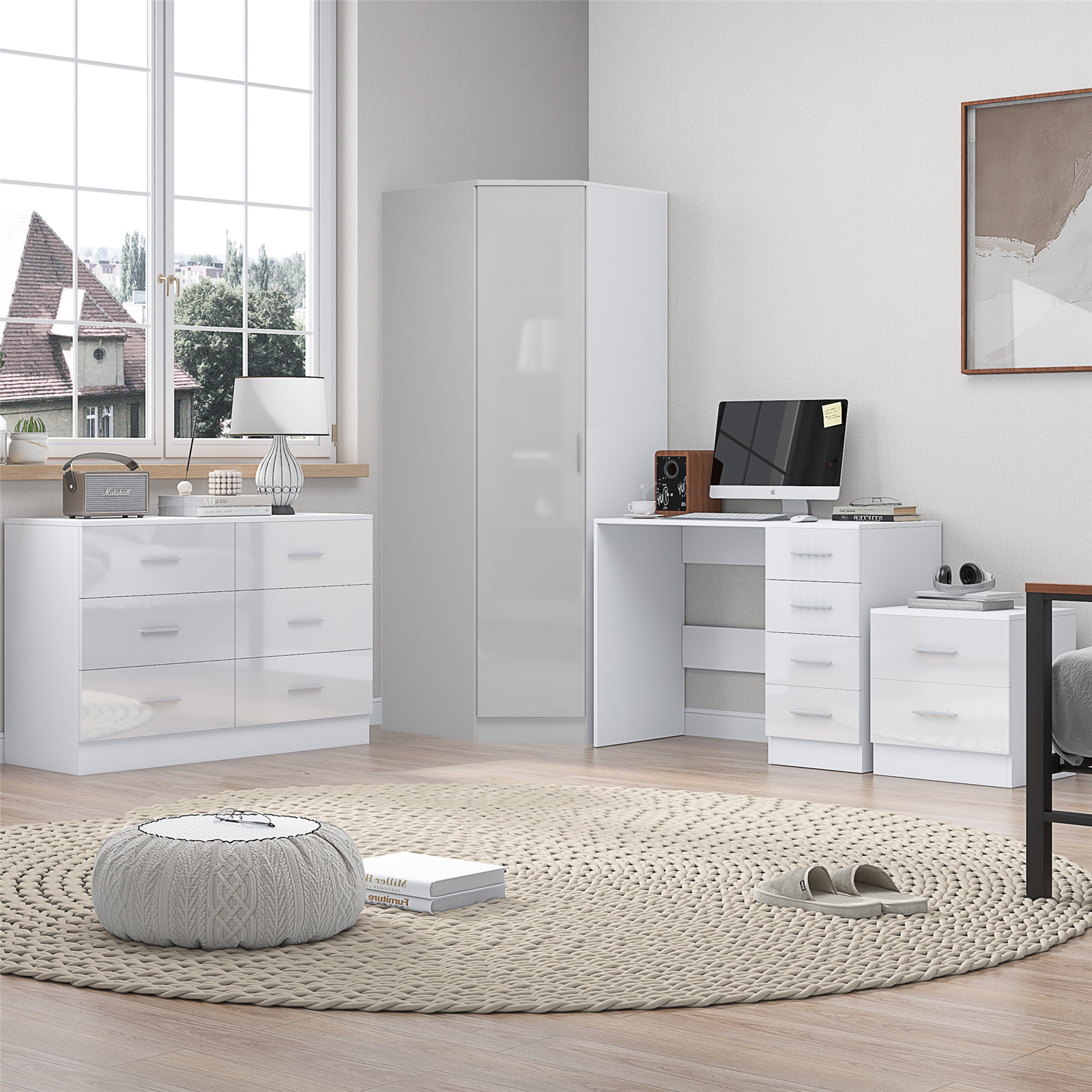 REFLECT Bundle - Corner Wardrobe + Wide Chest + Bedside + Desk - White/White
