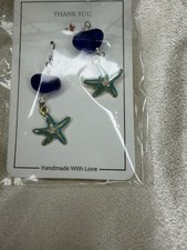 Handmade Cobalt Blue Sea Glass and Enamel Starfish Dangle Earrings New Beach