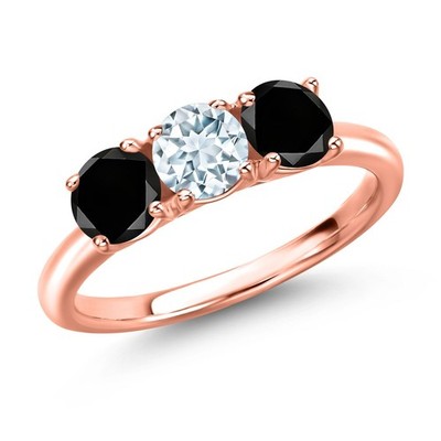18K Rose Gold Plated Silver Aquamarine and Black Diamond Engagement Ring For