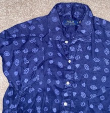 Polo Ralph Lauren 100% Linen shirt Mens M Blue all over print football button up