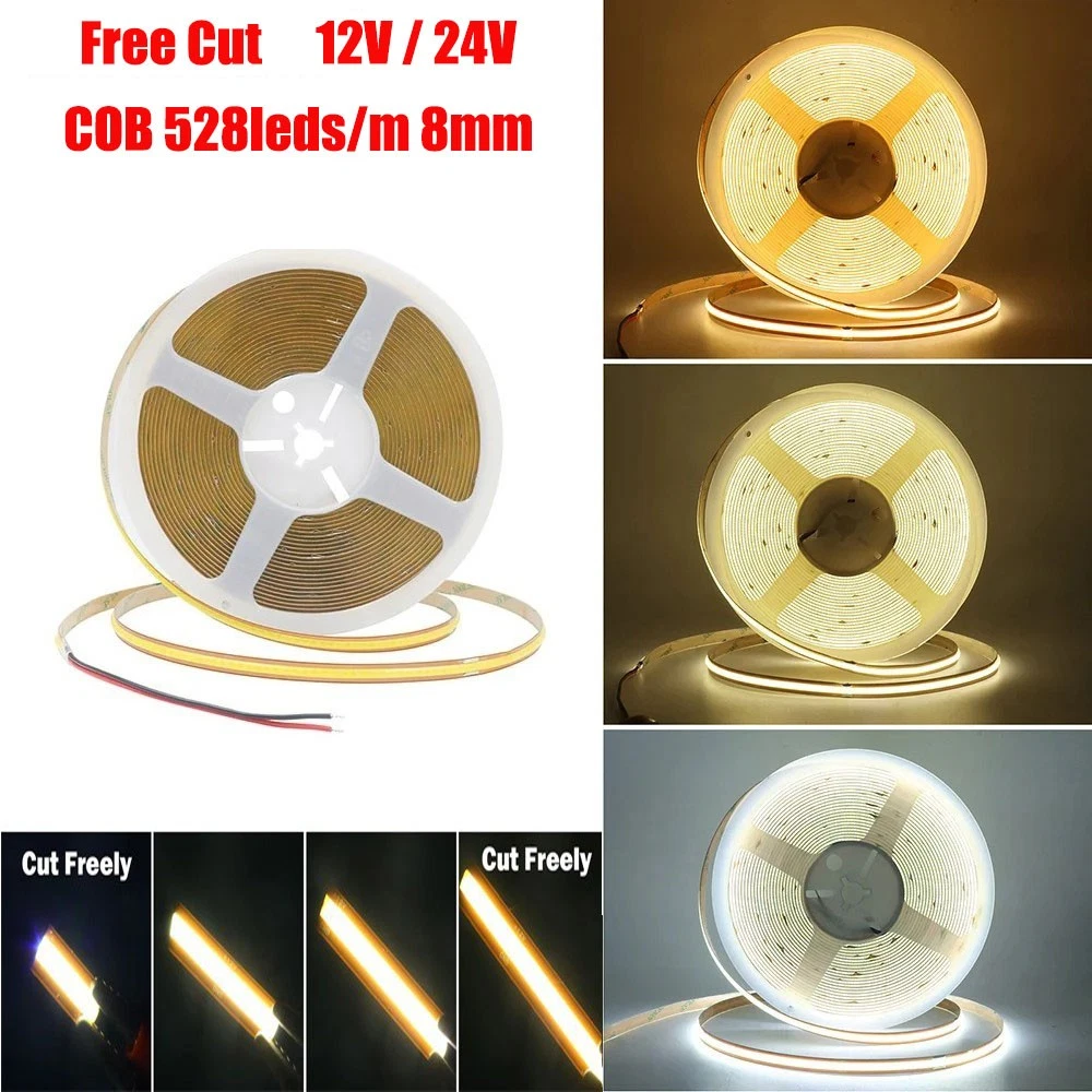 16FT COB Free Cut LED Strip Light 528leds/m 8mm 12V 24V Flexible Tape DIY Design