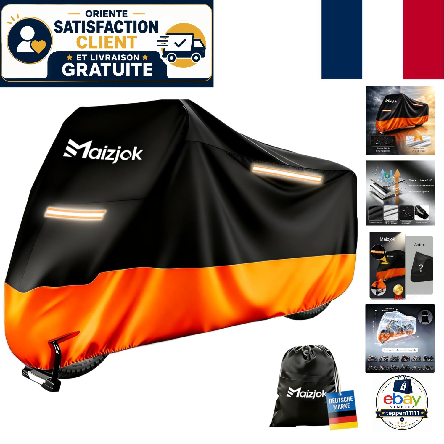 Housse moto universelle Maizjok 275x105x125 cm bâche protection XL noire