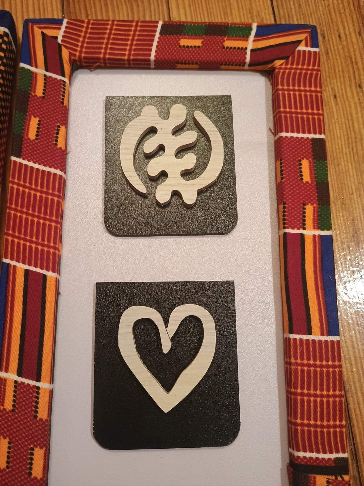 Vtg PAIR Hand carved Kente African Ghana Adinkra Symbols Decor Fabric Frames