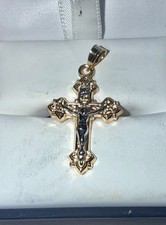 ESTATE Solid 14K Gold Two-Tone Florentine Crucifix Cross Pendant