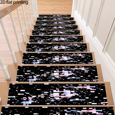 2D FLAT Multicolor Pixel Pattern Stair Treads, Machine Washable and Easy to Cl