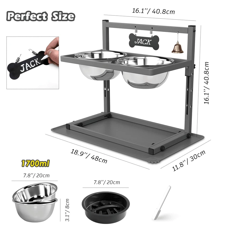 Серая поднятая миска для собак с двумя чашами для еды из нержавеющей стали 1700 мл, медленная... - Изображение 3 из 4
