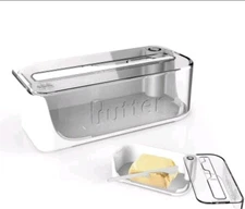 Transparent/White Butter Dish With Attached Lid And Spreader 