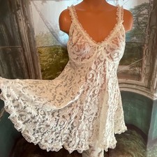 Vintage Ivory Babydoll Nylon LACE Nightie Gown w Ruffles with Panties Set Sz 2XL