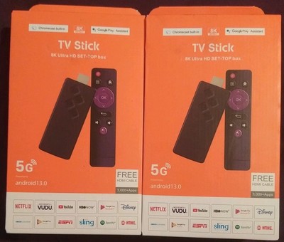 TV Stick (2) 8K ULTRA HD Set Top Box - 5G Android 13 - NEW - Includes HDMI Cable