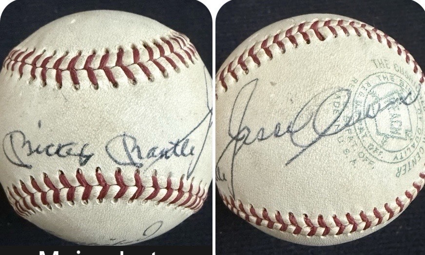 Jesse Owens Mickey Mantle Autographed Signed New York Yankees Jesse Owens & Mickey Mantle A.L Joe Cronin Baseball Hof 1960s Auto Jsa 