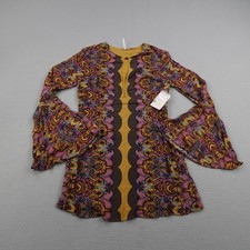 Free People Dress Womens 2 Gold Paisley Ossie Vibes Tunic Mini Flare Sleeve NEW