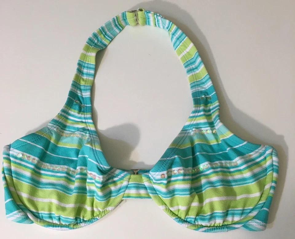 Womens Esprit Beach Aqua Lime Green White Striped Side Tie Bikini Size XS - Image 2 of 4