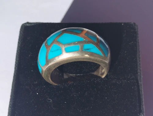 Vintage Handmade Massive Silver Ring Turquoise Inlay Navajo Style S(19.10mm) 12g