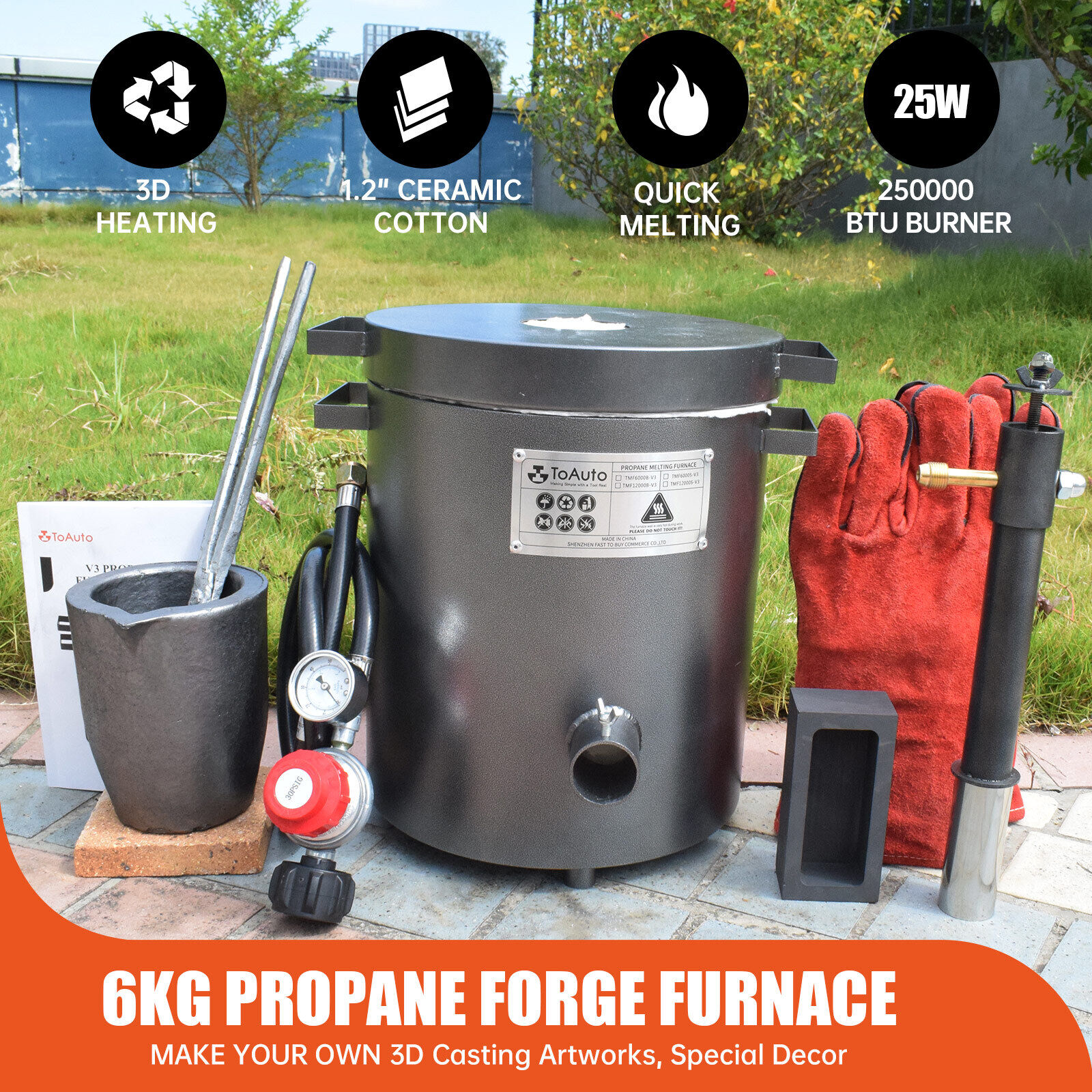 6KG Propane Melting Furnace Kit - Smelting Furnace Kit with Crucibles for  Melting Metal, Tongs & Gloves, Ingot Mold for Gold Silver Copper Brass