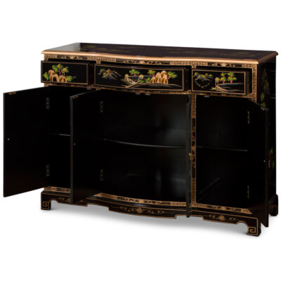 US Seller - Black Lacquer Chinoiserie Scenery Motif Oriental Hall