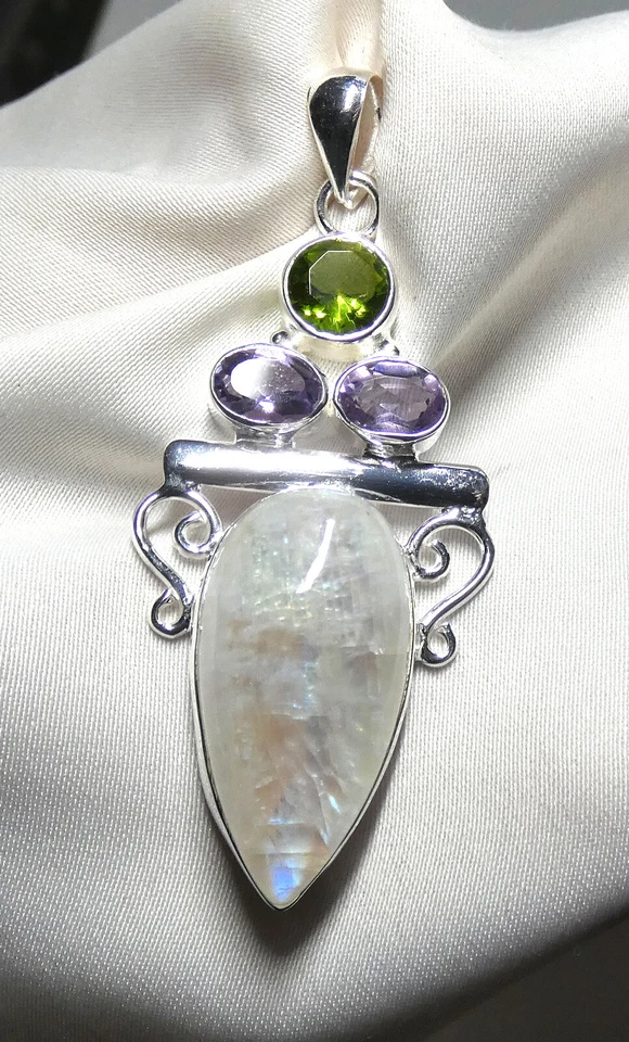 Mondstein, Amethyst, Peridot Anhänger 925 Silber großer Edeltstein Tropfen NEU - Bild 2 von 4