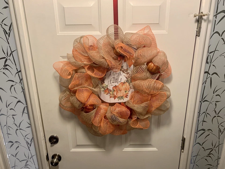 Thanksgiving Sparkle-Deco Mesh Wreath Gorgeous- Orange & Gold - Image 4 of 4